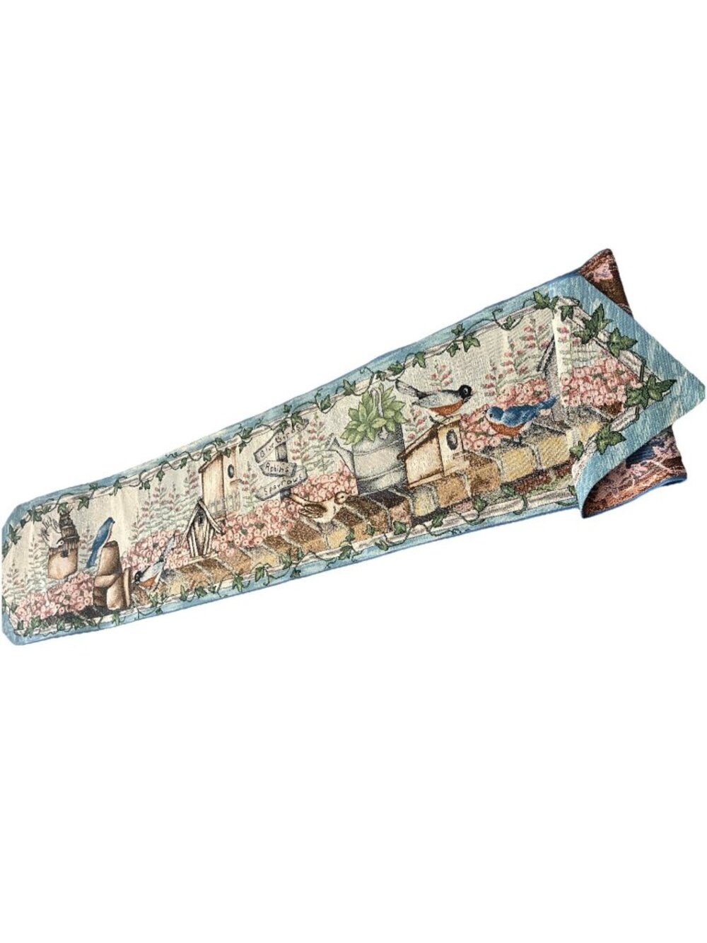 Vtg birdhouse tapestry floral table runner 12x70 garden summer blue bird cottage